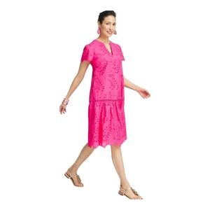 Chicos Pink Cotton Eyelet Lace Tiered Shift Dress Split V-Neck Sz 00 US 2